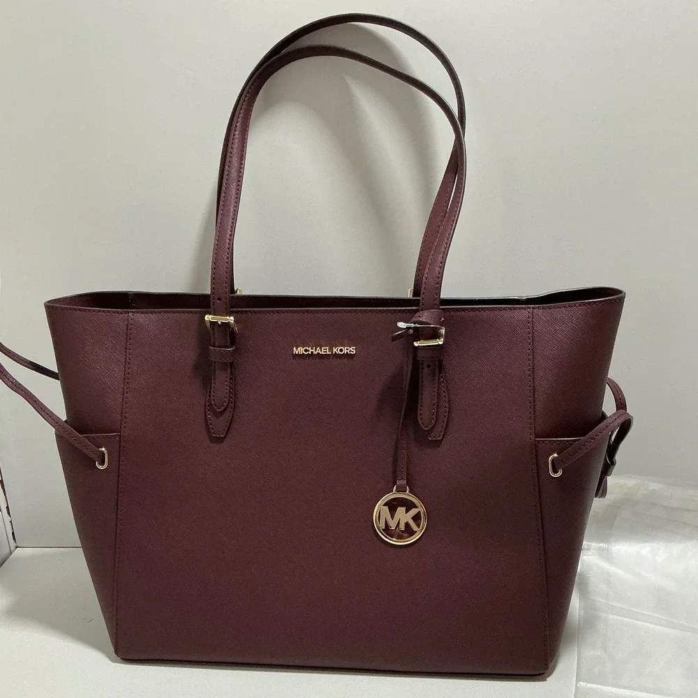 Michael Kors Voyager East West Tote Bag Burgundy Crossgrain Leather Gold Tone